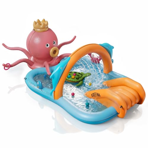 Airefina Inflatable Kiddie Pool, Detachable Octopus King Toddler Pool with Water Slide Splash Pad, Inflatable Play Center with Turtle Toss Target for Backyard, Garden, Water Park, Ages 3+ - size: Octopus King