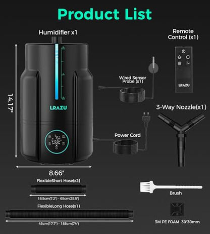 6L/1.6 Gal Reptile Fogger Humidifier, Misting System for Reptiles with Extendable Targeting Hose, 400 mL/h Plants Humidifier with Precise Temp & Humidity Probe for Grow Tent, Greenhouse, Growers - color: Black