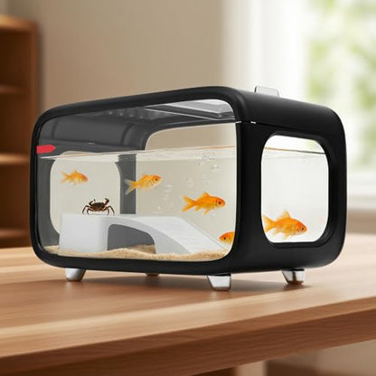Desktop Fish Tank, 3.2Gal Small Betta Fish & Turtle Tanks, Aquarium Bowl with Detachable Basking Platform, Multi-Functional Areas Aquascape Tanks for Fish Terrapin Frog Shrimp Crab (Black) - color: Black