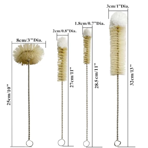 Bottle Brushes Thin Long Handle X 4, Natural Boar Bristle Set | Stainless Steel Bendable Wire Cleaner with Wool Tip, Slim Flexible for Cleaning Narrow Neck Bottles, Pipes, Tubes, Hoses