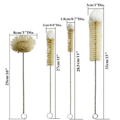 Bottle Brushes Thin Long Handle X 4, Natural Boar Bristle Set | Stainless Steel Bendable Wire Cleaner with Wool Tip, Slim Flexible for Cleaning Narrow Neck Bottles, Pipes, Tubes, Hoses