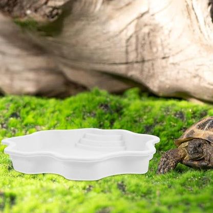 VICASKY Large White Reptile Water Bowl and Bathing Pool with Ramp, Sturdy Feeding Dish and Soaking Basin for Terrarium Use