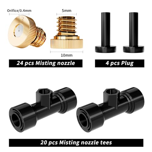 Misting Nozzles Kit Include 24 Pcs Misting nozzle 20 Pcs Misting 4 Pcs Plug nozzle tees for Outdoor Spray Cooling System (48 Pieces) - size: 48