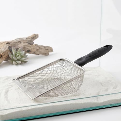 Happyyami Reptile Sand Scooper Smooth Rounded Edges 2pcs Stainless Steel with 8 Mesh Screen and 2.8mm Holes, Antislip Arc Handle for Cage and Acrylic Tank Substrate Cleaning