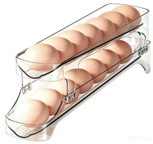 Gagee Clear Egg Holder for Fridge, 2 Layer | Auto Rolling, Space Saving Container, Dispenser Egg Roller, Refrigerator Storage Organizer