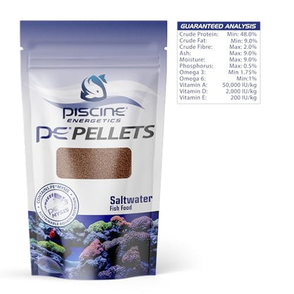 Piscine Energetics PE Pellets Saltwater Fish Food 1mm 4oz — Mysis Shrimp Primary Ingredient, 91.9% Digestible, Slow Sinking, Professional Grade - size: 4 Ounce (Pack of 1)