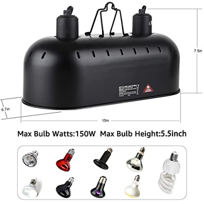 15inch Dual Reptile Light Fixture Dual Reptile Heat Lamp Fixture | Max 150W, 100W UVA UVB Sun Light & Ceramic Heat Emitter, Double Dome Lamp, For Terrarium and Tortoise Habitat - size: 15inch with UVA UVB sun lamp and CHE bulb