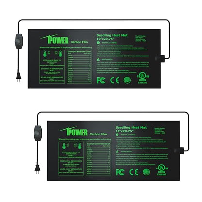 iPower 2 Pack 10" x 20.75" Seeding Heat Mat with Thermostat Temperature Adjustable Knob Durable Warm Hydroponic Plant Germination Starting Pad, Black - size: 10" x 20.75"(x2), style: with Adjustable Knob