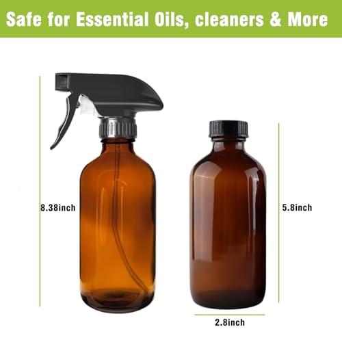 16oz Amber Glass Spray Bottles,2-Pack Refillable Empty Spray Bottl for Cleaning, Hair Care, Plants - Adjustable Nozzl
