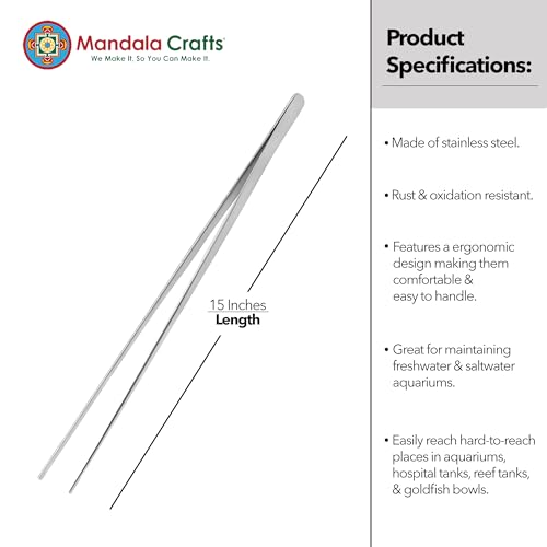 Mandala Crafts Stainless Steel 15" Straight Fish Tanks Aquarium Tweezers | 15 Inch Forceps, Rust Resistant Stainless Steel, Trimming Aquatic Plants, Bowls, Terrariums, Freshwater & Saltwater Aquascape - color: Stainless Steel Straight Tweezers, size: 15 I