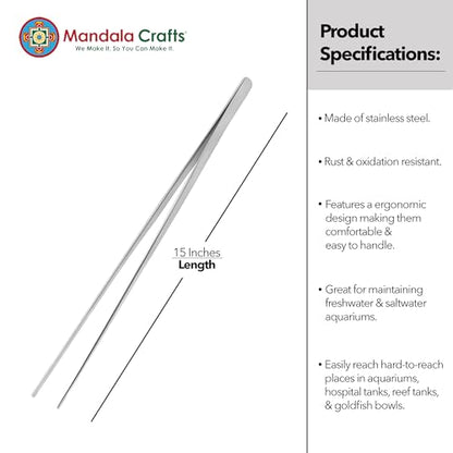 Mandala Crafts Stainless Steel 15" Straight Fish Tanks Aquarium Tweezers | 15 Inch Forceps, Rust Resistant Stainless Steel, Trimming Aquatic Plants, Bowls, Terrariums, Freshwater & Saltwater Aquascape - color: Stainless Steel Straight Tweezers, size: 15 I