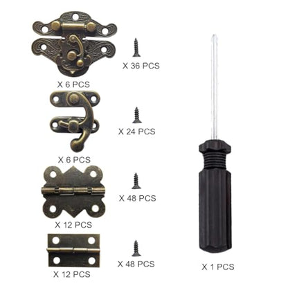 EAEDMY 36 Sets Retro Jewelry Box Hinges and Latches Hardware, Small Bronze Brass Latch Hinges for Wooden Jewelry Box and Decorative Cabinet, with Matching Screws Kit(Catch*12 + Hinges*24) (36)