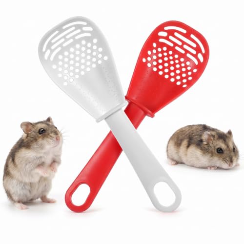 2 Pcs Hamster Sand Bath Scoop Hamsters Cage Accessories Sifter Shovel | Plastic Litter Scooper Small Animal Litter Scoop Red White Plastic Mesh Scooper for Chinchilla Bearded Dragon Gerbil Reptile
