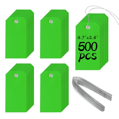 500 Pieces Plastic Shipping Tags with Wire Waterproof Hang Tags Heavy Duty Labeling Tags with String Wires Tags Labels Labeling Tags Stacking Tags for Equipment Car Parts (Green, 4 3/4 x 2 3/8) - color: Green, size: 4 3/4 x 2 3/8 inches