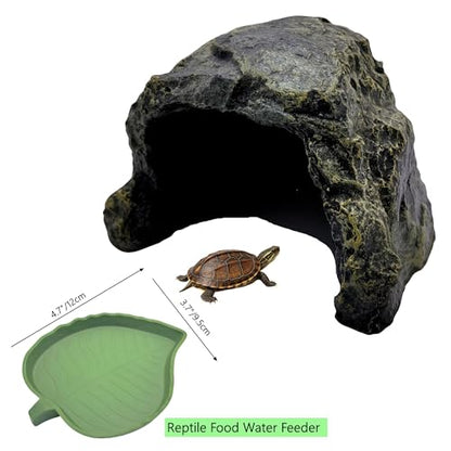 M2cbridge Aquarium Hide Cave Reptile Hideout Amphibians Habitat Rock Dish | Natural color careful craft, resting spot, solid and sturdy, water dish - style: Black Rock+ Water Dish
