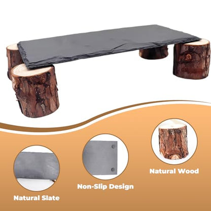 Bearded Dragon Basking Platform, Slate Rocks for Reptiles with Wooden Pile, Leopard Gecko Hides and Caves, Reptile Tank Accessories for Bearded Dragons, Geckos, Ball Pythons, Tortoise (Black, Small) - size: Small