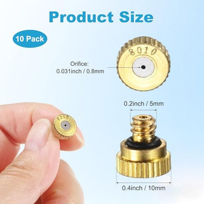 M METERXITY 10-Pack Brass Misting Nozzles, 0.031inch/0.8mm Orifice Heavy Duty 10/24 UNC Screw Thread Misting Nozzle Plug for Outdoor Spray Cooling System/Patio Mist System/Dust Control - size: 0.031inch/0.8mm