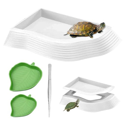 4 Pcs Turtle Water Basin with Ramp, Reptile Pool and Water Bowl Set,Turtle Bathing Pool with Leaf Food Basins and Tweezers,Turtles Soaking Tray,Aquarium Waters Tray for Amphibia