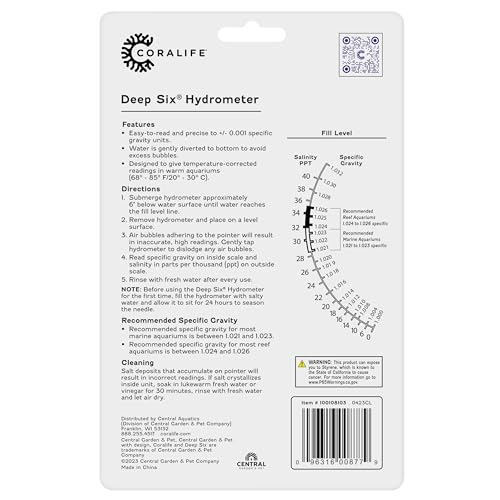 Coralife Deep Six Hydrometer for Aquarium Fish Tank Salinity | Salinity meter with easy-read scale, ±0.001 accuracy, bubble-resistant specific gravity hydrometer