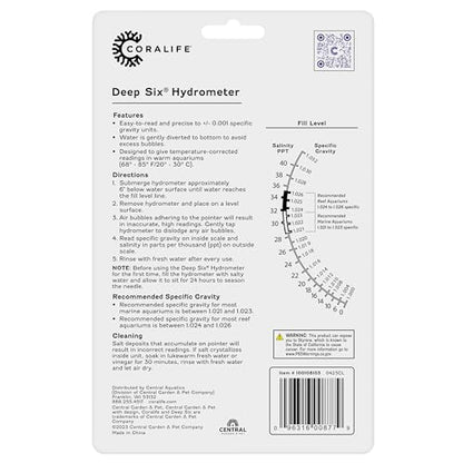 Coralife Deep Six Hydrometer for Aquarium Fish Tank Salinity | Salinity meter with easy-read scale, ±0.001 accuracy, bubble-resistant specific gravity hydrometer