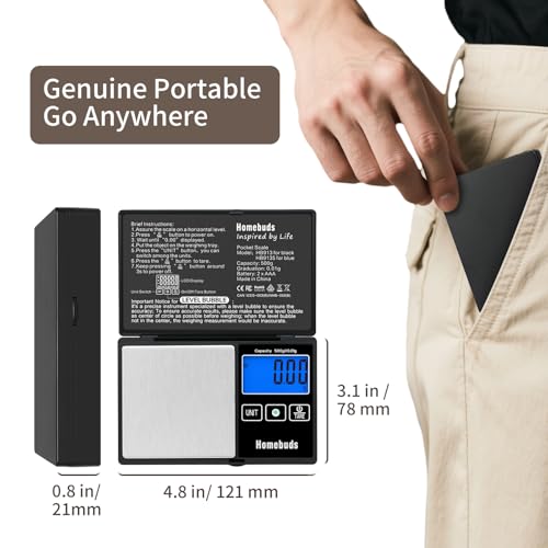 Homebuds 500g Digital Gram Scale High Precision in 0.01g with Level Bubble, Assured by Food Scale Professional Factory Since 2001, Pocket Scale for Lab, Kitchen, Coffee, Jewelry; 2*AAA, Black