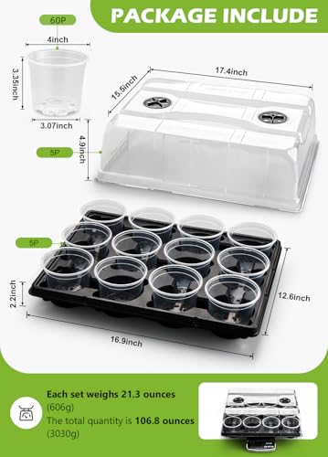 RooTrimmer 5 Pack 12 Cell Nursery Pot Trays with Adjustable Humidity Domes & 4 Inch Clear Pots 60 Pack, Sturdy Seed Starting Kit for Greenhouse Garden, Reusable Plant Growing Germination 5 Sets - color: Black + Clear, size: 4 Inch 60 Pack Pots With 5 Pack