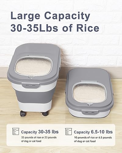 20-30 Lbs Rice Storage Container,Collapsible Food Storage Containers | Flour Storage Container with Wheels Airtight Locking Lid,Rice Container with Cup and Scoop,Suitable for Rice,Pet Food,Flour - color: Grey/20-30LBS