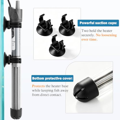 HITOP 200W Adjustable Aquarium Heater, Submersible Fish Tank Heater Thermostat with Suction Cups for 30-45Gal - size: 10.4in-200w