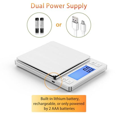 BOMATA Upgraded Small Food Scale with 0.1 g/0.001 oz High Precision | 3000 g/6.6 lb, New Hold Function, Larger Display, USB Rechargeable, Digital Kitchen Scale for Small Item, Jewelry. Sliver - size: 0.1g/3kg Silver