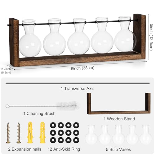 YIBOT Wall Hanging Glass Planter Plant Propagation Vase-5 Bulb Glass Vases | Plant Terrarium with Wooden Stand,Indoor Home Office Living Room Decor Gifts - size: 5Bulb-M