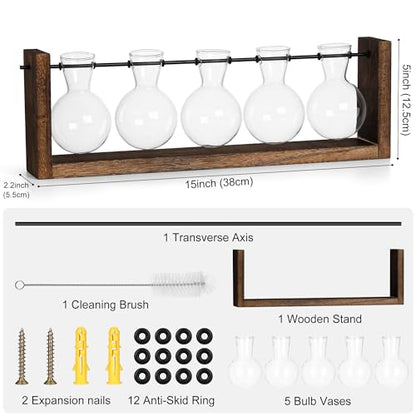 YIBOT Wall Hanging Glass Planter Plant Propagation Vase-5 Bulb Glass Vases | Plant Terrarium with Wooden Stand,Indoor Home Office Living Room Decor Gifts - size: 5Bulb-M