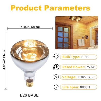 Heat Lamp Bulb, 250 Watt Heating Light Bulbs for Bathroom Ceiling, Shower, Food, Plants - 4 Pack - size: 4 Pack