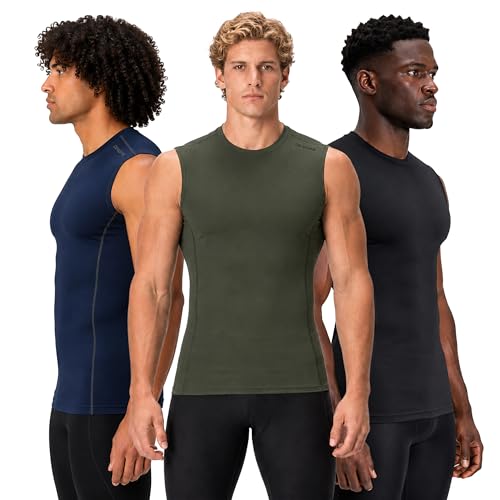 DEVOPS 3 Pack Men's Compression Shirts Sleeveless Tank Top Baselayer | Gym Training, Running, Moisture Wicking, Compression Fit, 4-Way Stretch, UPF 50+, Sleeveless - color: 1# (3 Pack) Black / Navy / Olive, size: Small