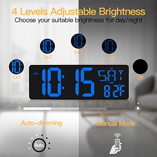 XREXS 17.2 Inch Large Digital Wall Clock with Remote Control | LED Large Display Count Up & Down Timer, Adjustable Brightness Plug-in Alarm Clock with Temperature for Home, Gym, Office - color: Blue