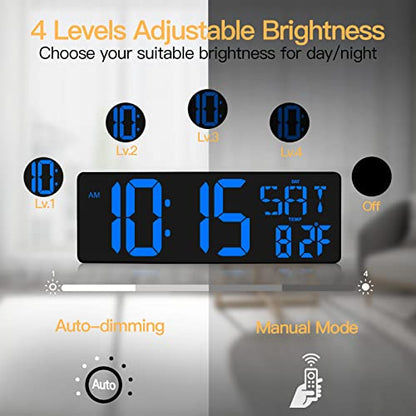 XREXS 17.2 Inch Large Digital Wall Clock with Remote Control | LED Large Display Count Up & Down Timer, Adjustable Brightness Plug-in Alarm Clock with Temperature for Home, Gym, Office - color: Blue