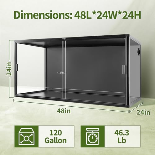 Wacool Terra 120 Gallon Reptile Tank, Large Terrarium for Bearded Dragons, Snakes, Leopard Geckos, Sliding Door & Top Ventilation, 48" x 24" x 24" Easy-to-Maintain Reptile Enclosure - size: 120 gallon