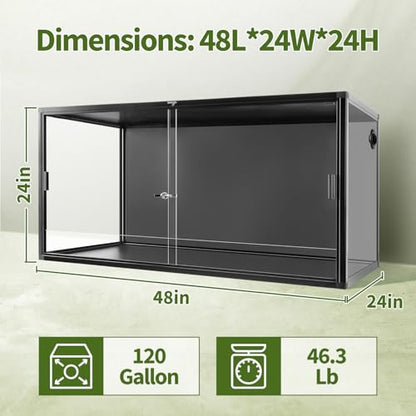 Wacool Terra 120 Gallon Reptile Tank, Large Terrarium for Bearded Dragons, Snakes, Leopard Geckos, Sliding Door & Top Ventilation, 48" x 24" x 24" Easy-to-Maintain Reptile Enclosure - size: 120 gallon