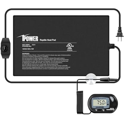 iPower 8 by 12-Inch Reptile Heat Mat with Temperature Adjustment, LCD Digital Aquarium Thermometer, Terrarium Heating Pad for Reptiles & Amphibians - size: 8 X 12 Inch, style: Pad with Adjust Knob+ Thermometer