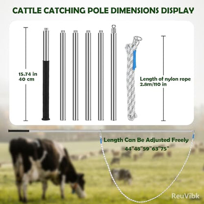 304 Stainless Steel Cattle Horse Catching Pole, Calf Catcher Length Can Be Adjusted Freely 44"48"59"63"75", for Cattle, Horse, Donkey Large Animal Control Pole