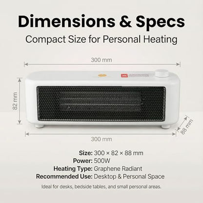 500W Graphene Far-Infrared Mini Desktop Heater, Low-Noise Personal Space Heater with Overheat Protection, Compact Under-Desk & Office Heater, 2 Heat Settings, Safe-Touch Housing