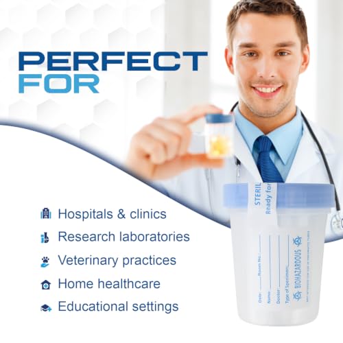 Dynarex Specimen Containers, 4 oz., Sterile, Bulk Packaged Specimen Cups with Clear Blue Lid, 1 Box of 100 (Packaging May Vary) | High-Density Polyethylene, Leak Resistant Design, Wide Mouth Opening, Screw Tight Blue Lid, For Urine Testing