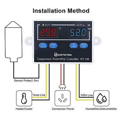 KT100 Humidity Temperature Controller 120V Thermostat Humidistat Control | 10A Direct Output with 1.5m Temperature Humidity Sensor 10~99%RH, -58~176°F