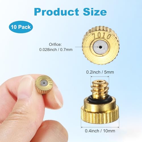 M METERXITY 10-Pack Brass Misting Nozzles, 0.028inch/0.7mm Orifice Heavy Duty 10/24 UNC Screw Thread Misting Nozzle Plug for Outdoor Spray Cooling System/Patio Mist System/Dust Control - size: 0.028inch/0.7mm