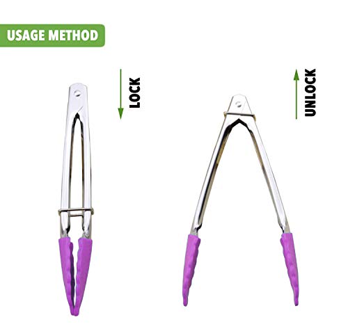 HINMAY 7-Inch Stainless Steel Tongs with Silicone Tips, Set of 3 (Purple) | 7-Inch Locking Metal Food Tongs - color: Purple