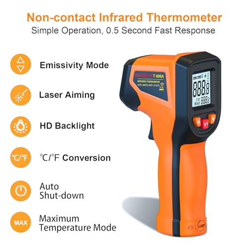 DEASOMIYE Infrared Thermometer Gun, -58°F~1112°F Laser Thermometer Temperature Gun, Non Contact IR Temp Gun with Adjustable Emissivity for Cooking,Griddle,HVAC,Fridge,Grill,Pizza Oven(Not for Human) - color: Orange