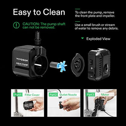 VIVOSUN 210GPH Submersible Fountain Water Pump for Pond, Aquarium, Statuary | 800L/H, 8W, Ultra Quiet Water Pump with 3.3ft High Lift and 5ft Power Cord, 2 Nozzles for Fish Tank, Hydroponics, Black - size: 5"×3"-210