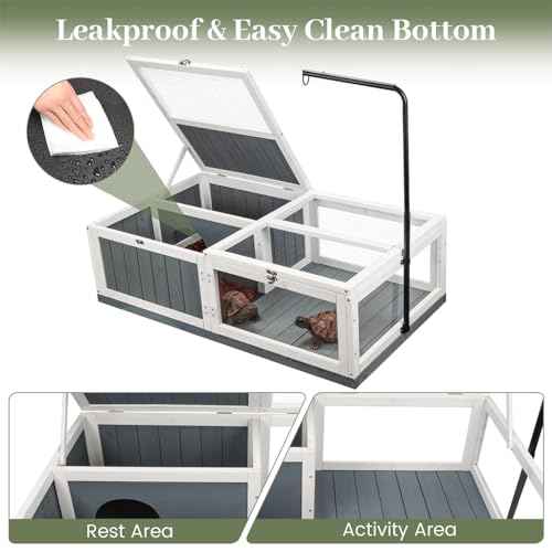 43in Tortoise Habitat for Indoor & Outdoor, Large Wooden Wooden Tortoise House with Adjustable Lamp Stand and Waterproof Tray, Turtle Habitat Reptile Cage, Tortoises Enclosure for Small Animals