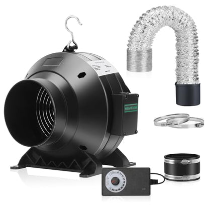 Air Filtration Kit, 4" 190 CFM Inline Duct Fan with E12 Speed Controller, 6.6 Ft Ducting & Rubber Coupler, Ventilation Exhaust Fan for Cooling Booster, Grow Tents, Hydroponics - size: 4"+Ducting