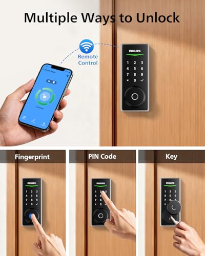 Philips Wi-Fi Smart Door Lock, Fingerprint Door Lock | APP Remote Unlock, Alexa Google Voice, 100 User Codes, Anti-Peep, Backlit Touchscreen, Waterproof, Includes 8 Batteries - color: Satin Nickel
