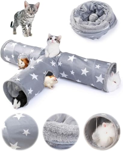 JanYoo Bunny Tunnel Rabbit Hideout Cat Toys for Rabbits Accessories 3 Ways | 47'' Collapsible Plush Pet Toys with Interactive Ball for Kittens Rabbits Ferret Guinea Pigs Accessories